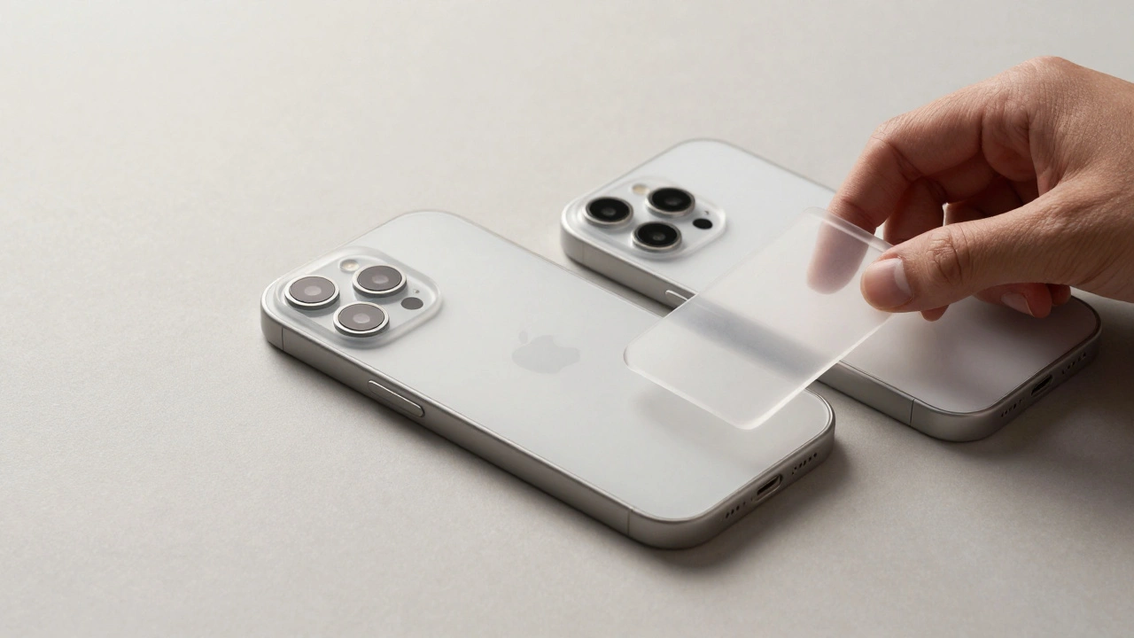 A hand removing a case from an iPhone 15, with a matching iPhone 16 nearby, highlighting consistent port and sensor alignment.