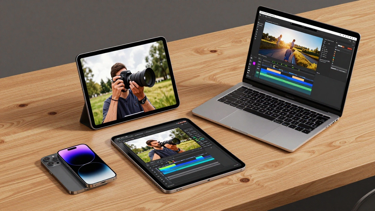 A photographer editing 8K photos on an iPad Air with M4 chip, with an iPhone 18 Pro Max and MacBook Pro nearby, all on a wooden desk.
