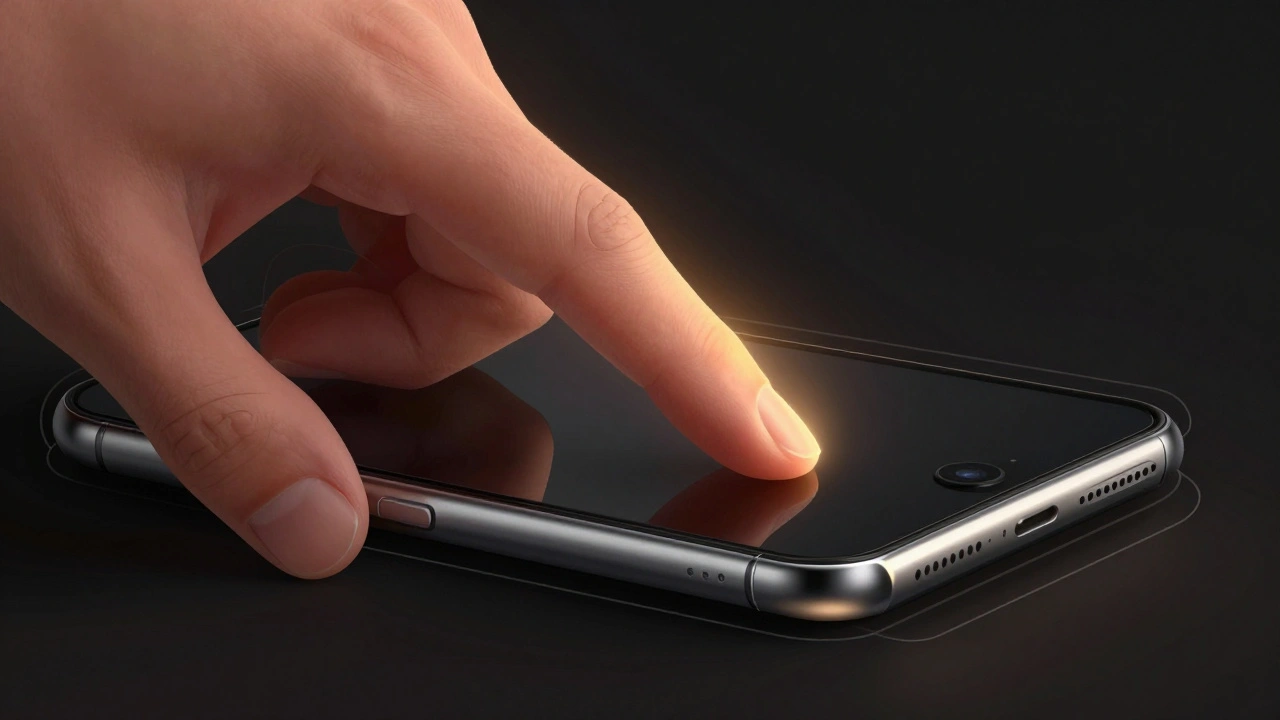 A thumb sliding along an iPhone's edge, with visual paths showing how physical borders prevent input drift.