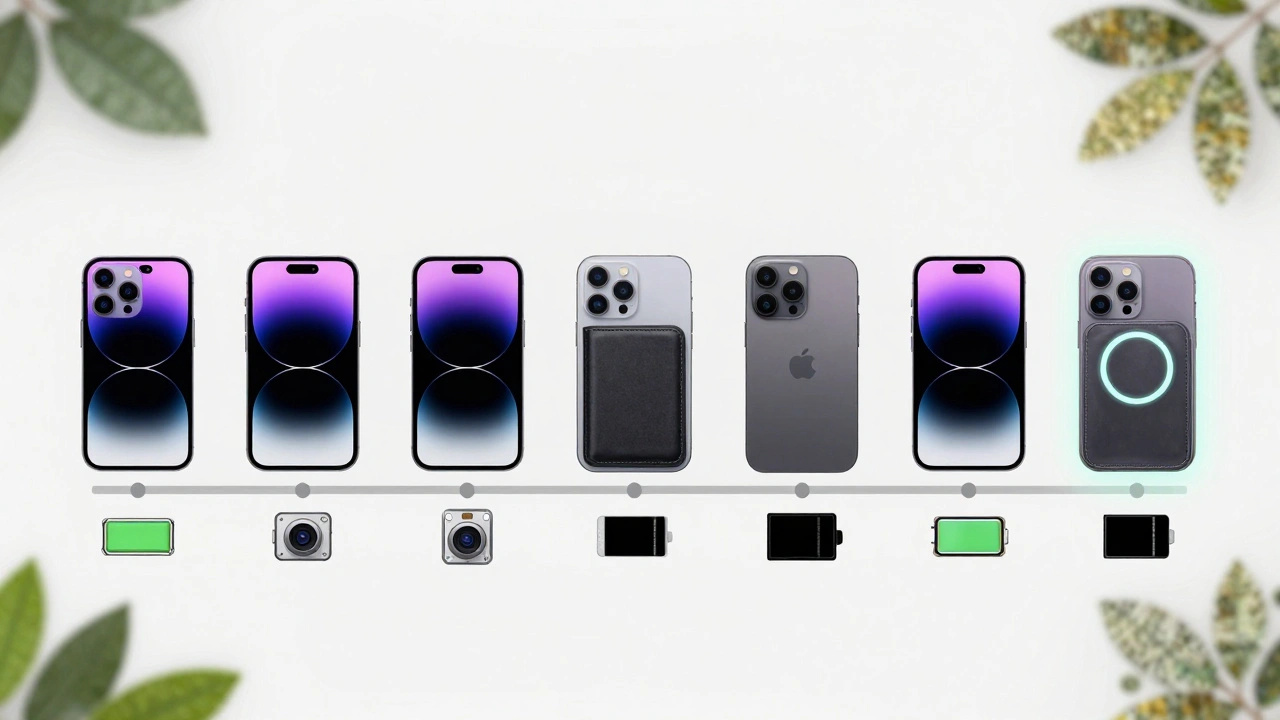 A timeline showing a single MagSafe accessory compatible with iPhone 14 through 16, emphasizing repairability and sustainability.