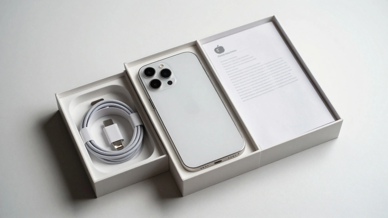 An Apple product box opened to reveal a perfectly arranged iPhone and simple accessories.
