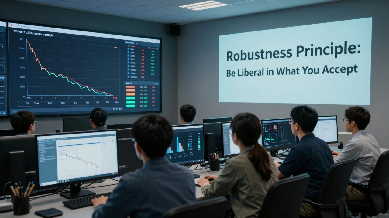 Developers monitoring API version usage on glowing dashboards in a control room setting.