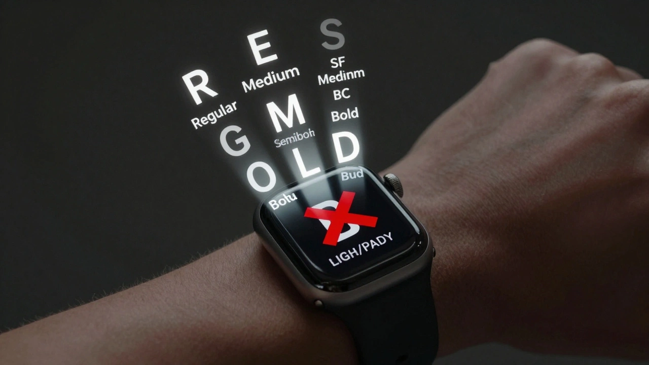 Floating SF Compact font weights on a wristwatch, with rejected font styles crossed out in red.