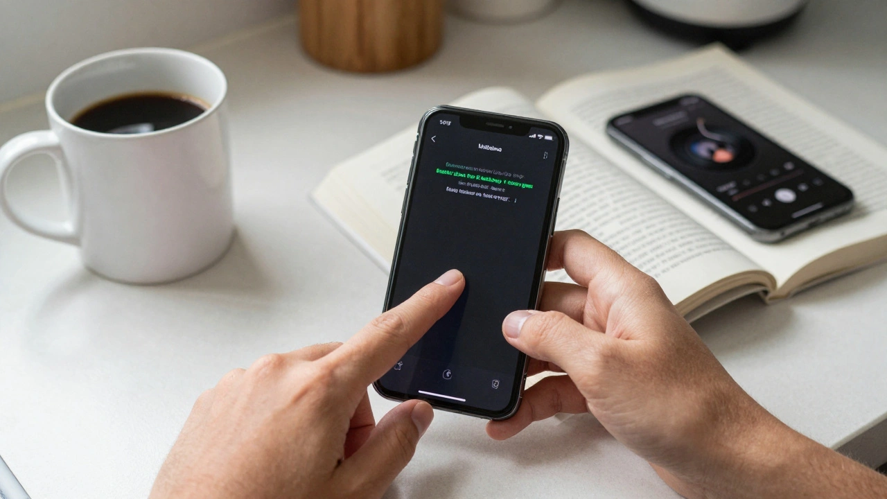 Hand tapping the back of an iPhone to activate live captions on a kitchen counter.