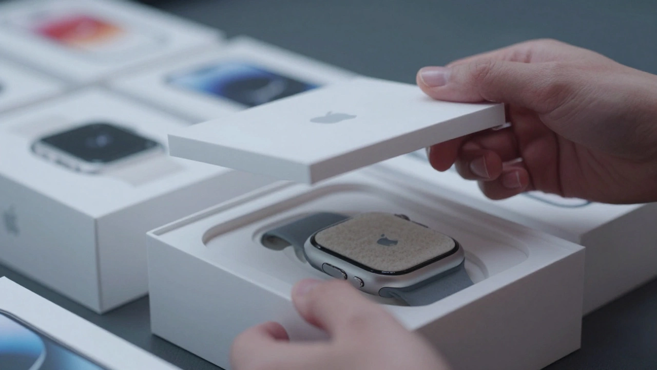 Hands lifting a box lid to reveal a fiber pulp tray holding an Apple Watch, with other boxes fading into the background.