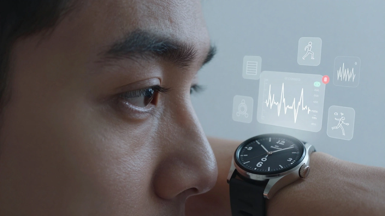 Human eye glancing at a watch with invisible typographic adjustments of SF Compact responding to low light.