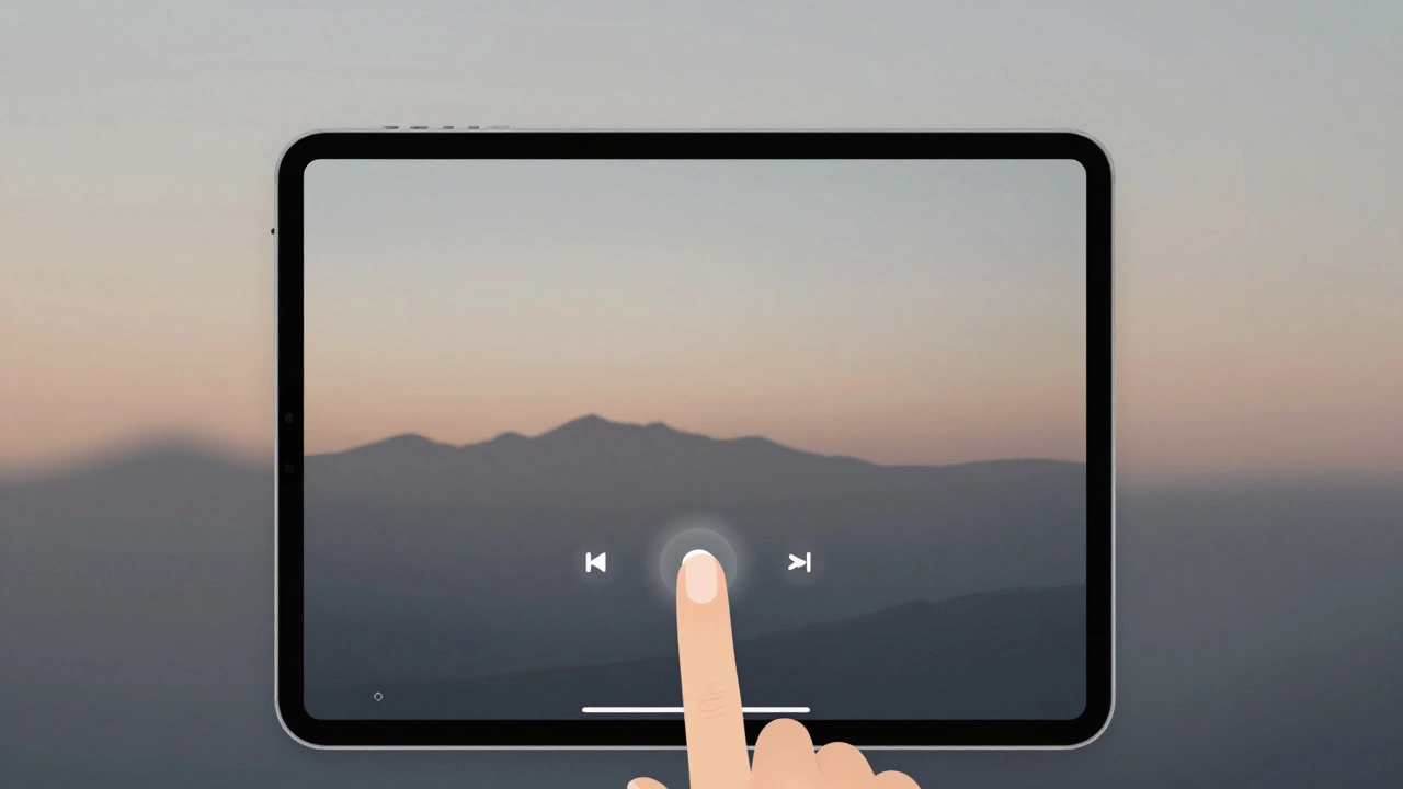iPad Music app in full-screen mode with minimalist playback controls.