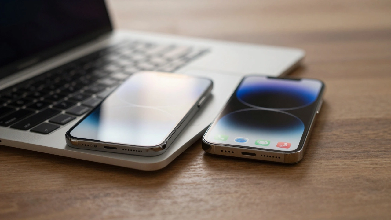 MacBook and iPhone side by side, their interfaces mirrored in a reflective surface with soft glowing elements.