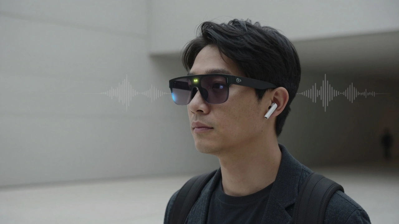 Smart glasses recognizing a museum with no overlays, only subtle audio feedback.