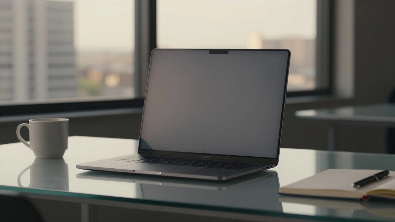 Space Gray MacBook Pro on a glass desk with coffee cup, illuminated by golden hour light, conveying calm professionalism.