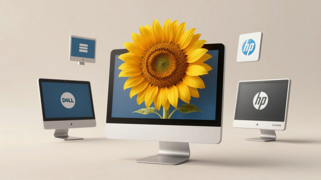 The iMac G4’s arm stylized as a sunflower stem, with modern monitors echoing its adjustable form.