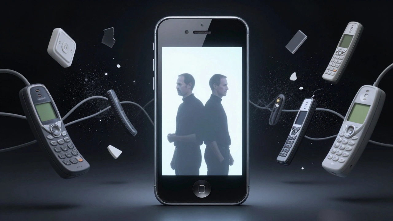 The original iPhone glowing alone, surrounded by dissolving old phone parts, symbolizing a design revolution.