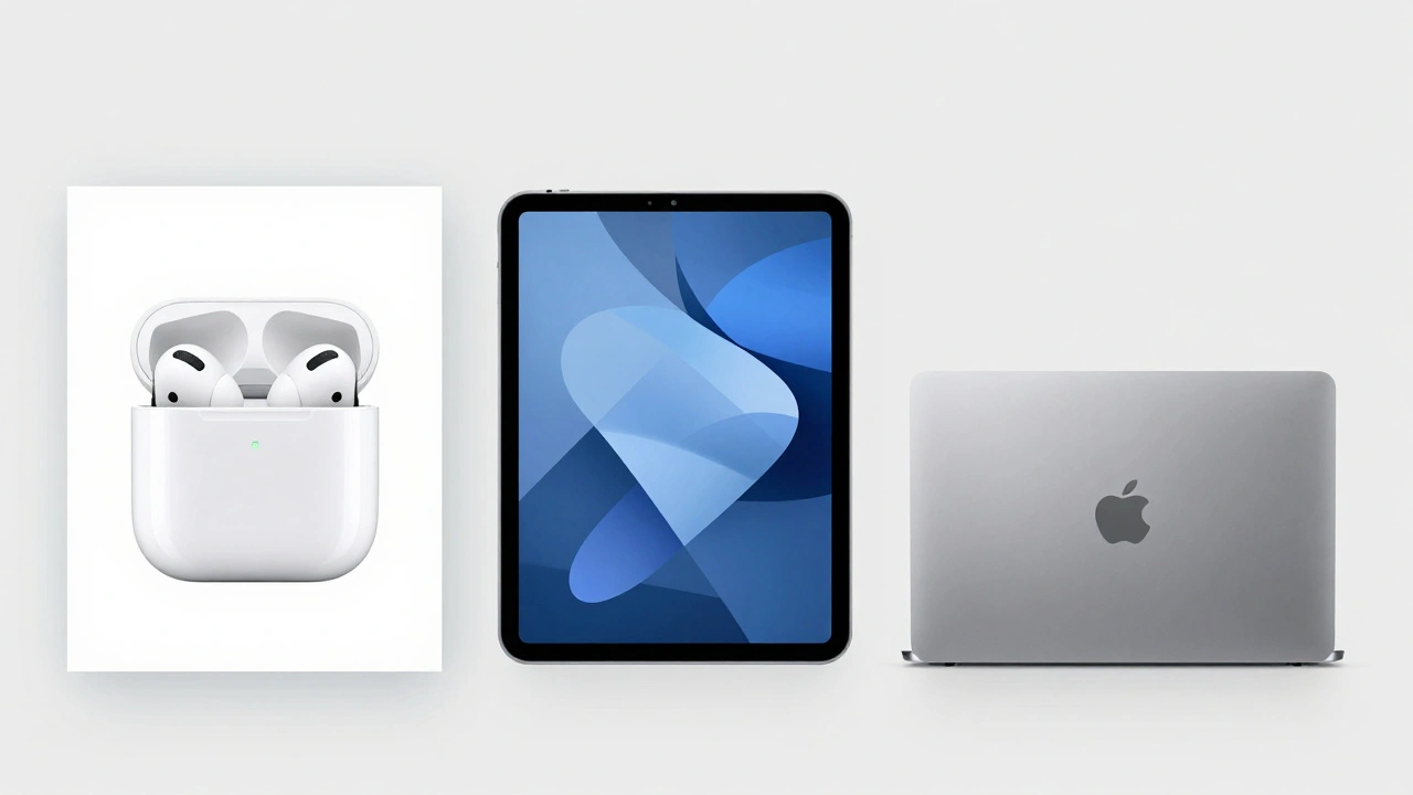 Three Apple devices in identical minimalist white packaging, arranged side by side with perfect alignment.