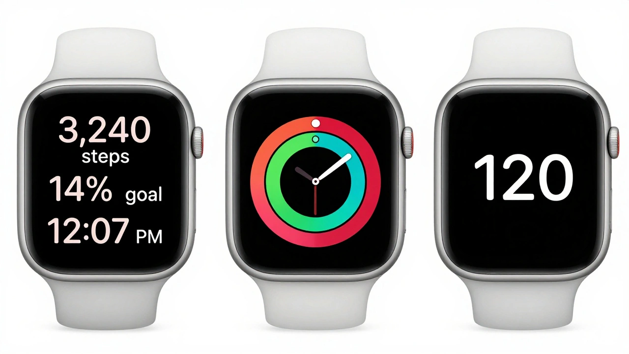 Three Apple Watch UI patterns: three-line stats, circular activity ring, and large single-number alert.