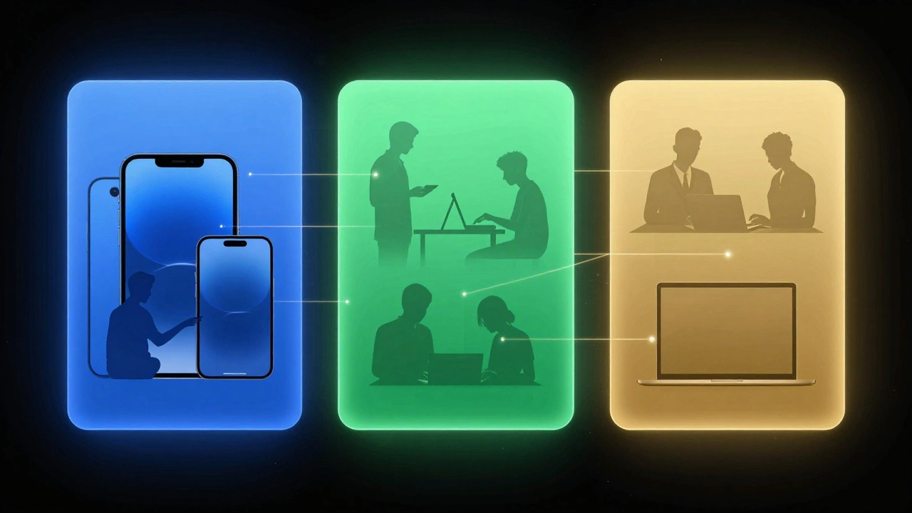 Three glowing device lines — iPhone, iPad, Mac — connected by light beams, with user silhouettes interacting, against a dark cosmic background.