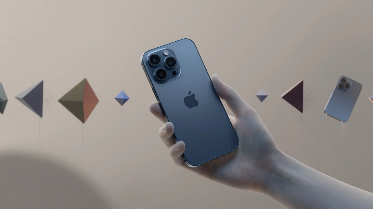 Titanium iPhone in Deep Blue held by abstract hands, surrounded by dissolving colorful tech shapes in ethereal fog.