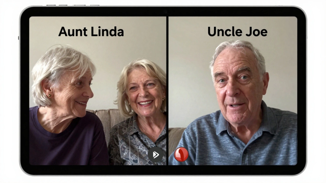 Two people on a FaceTime call with labeled speaker captions on an iPad screen.