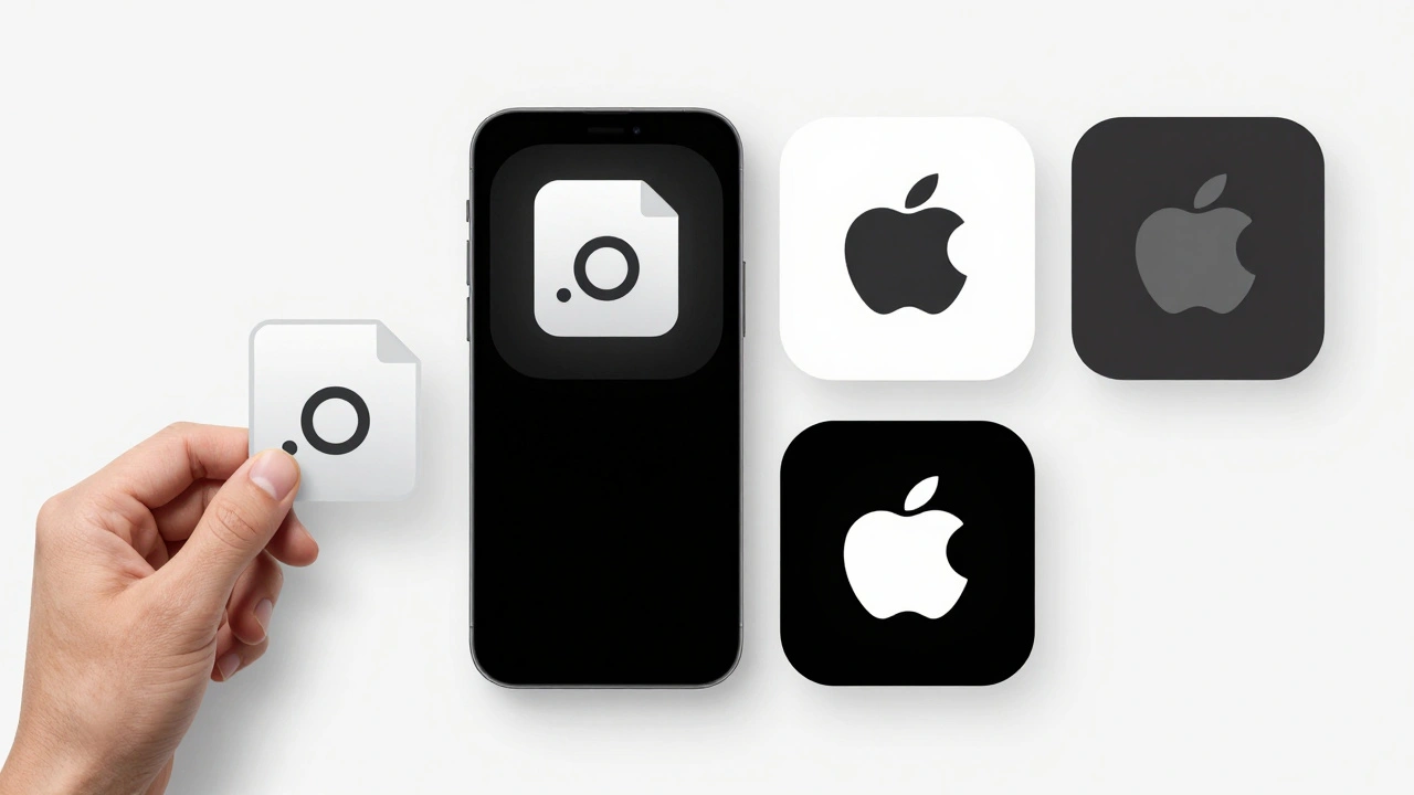 A .iconcomposer file being imported into Xcode, with a split view showing the same icon adapting across iPhone, iPad, Mac, and Apple Watch in different modes.