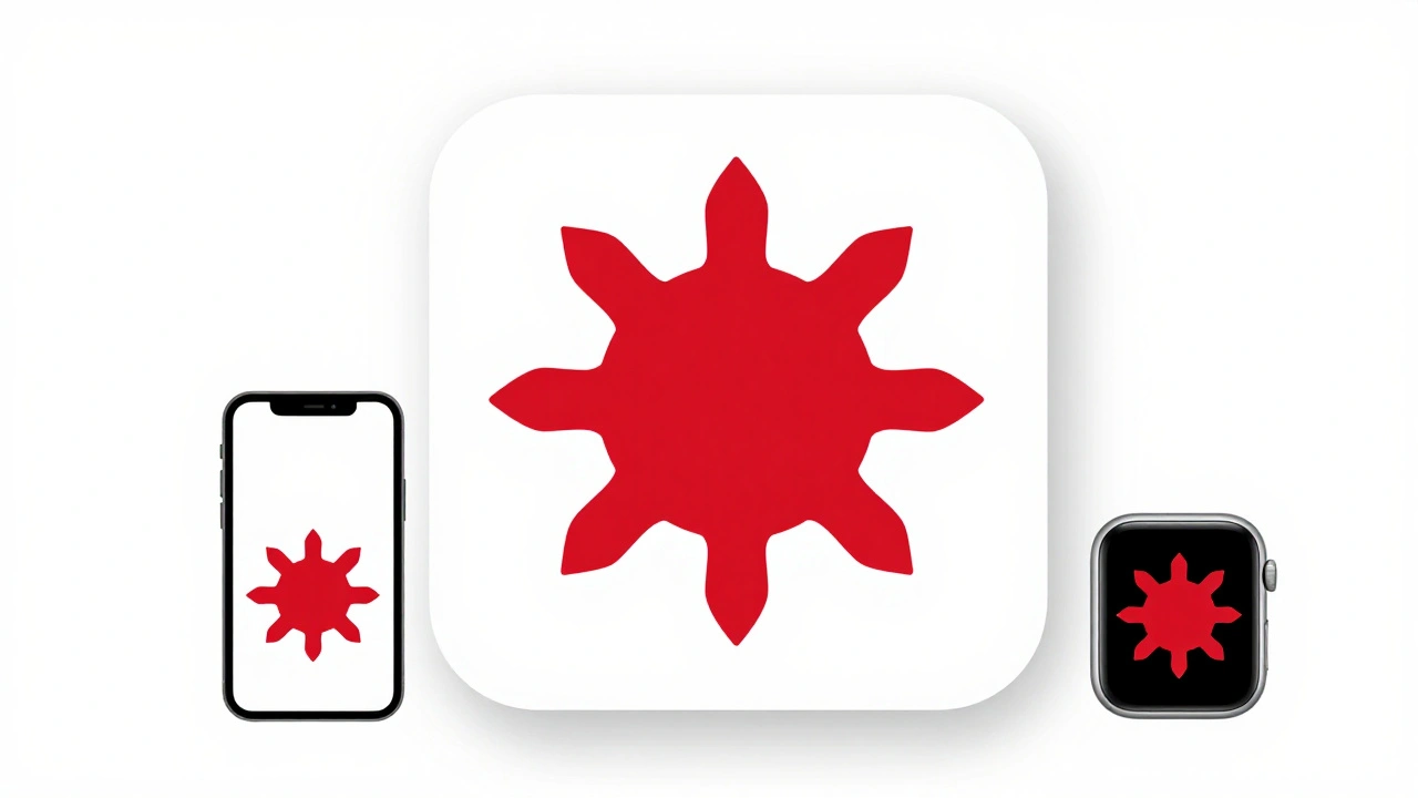 A bold red sun symbol centered on a clean icon canvas with Liquid Glass edge highlights, displayed across Apple devices.