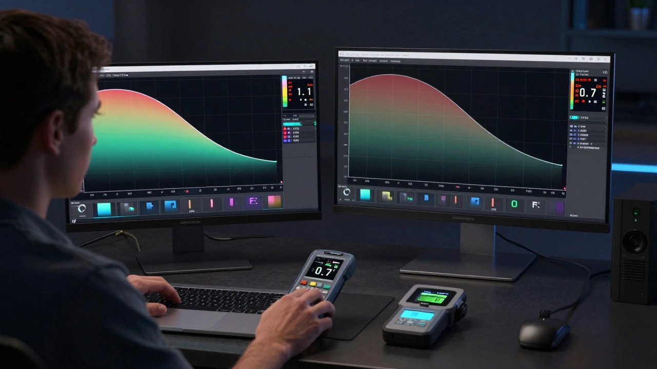 A colorist calibrating a MacBook Pro with XDR using a professional colorimeter in a dark room, with color accuracy data visible.