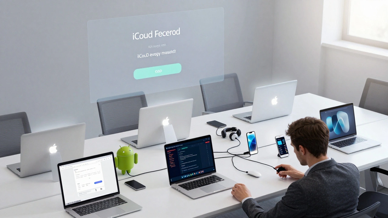 A corporate office with 500 synced Apple devices, contrasted with a single chaotic Android setup.