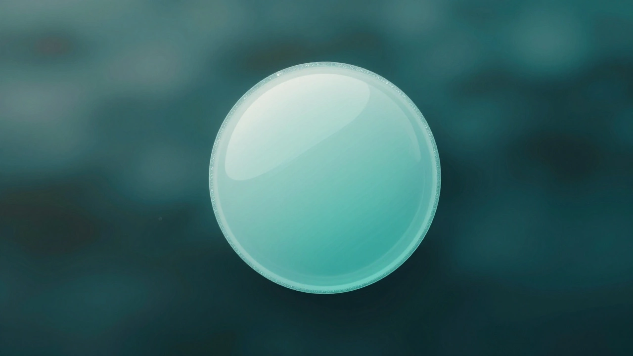 A floating button with responsive lighting and tint, shimmering as if tapped, over a blurred background.