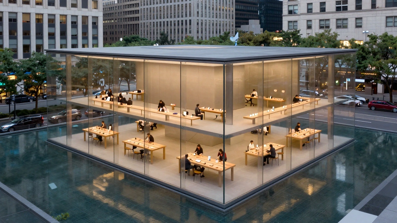 A glass cube Apple store at dusk, surrounded by city lights, with open interior space and visitors exploring devices peacefully.