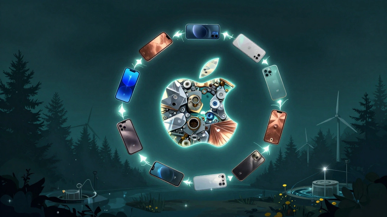 A glowing circular loop of recycled materials forming a closed-loop system with forests, turbines, and water plants in the background.