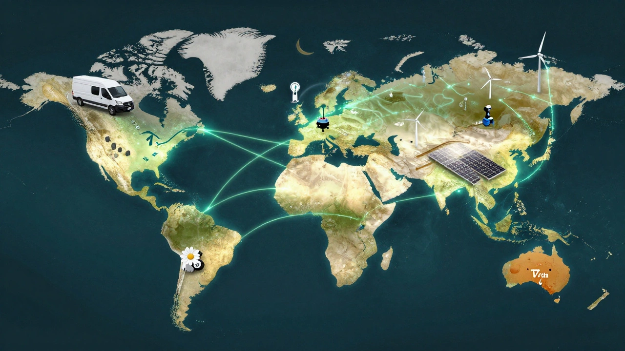 A glowing global map showing Apple's renewable energy projects across continents with electric vehicles and robots.
