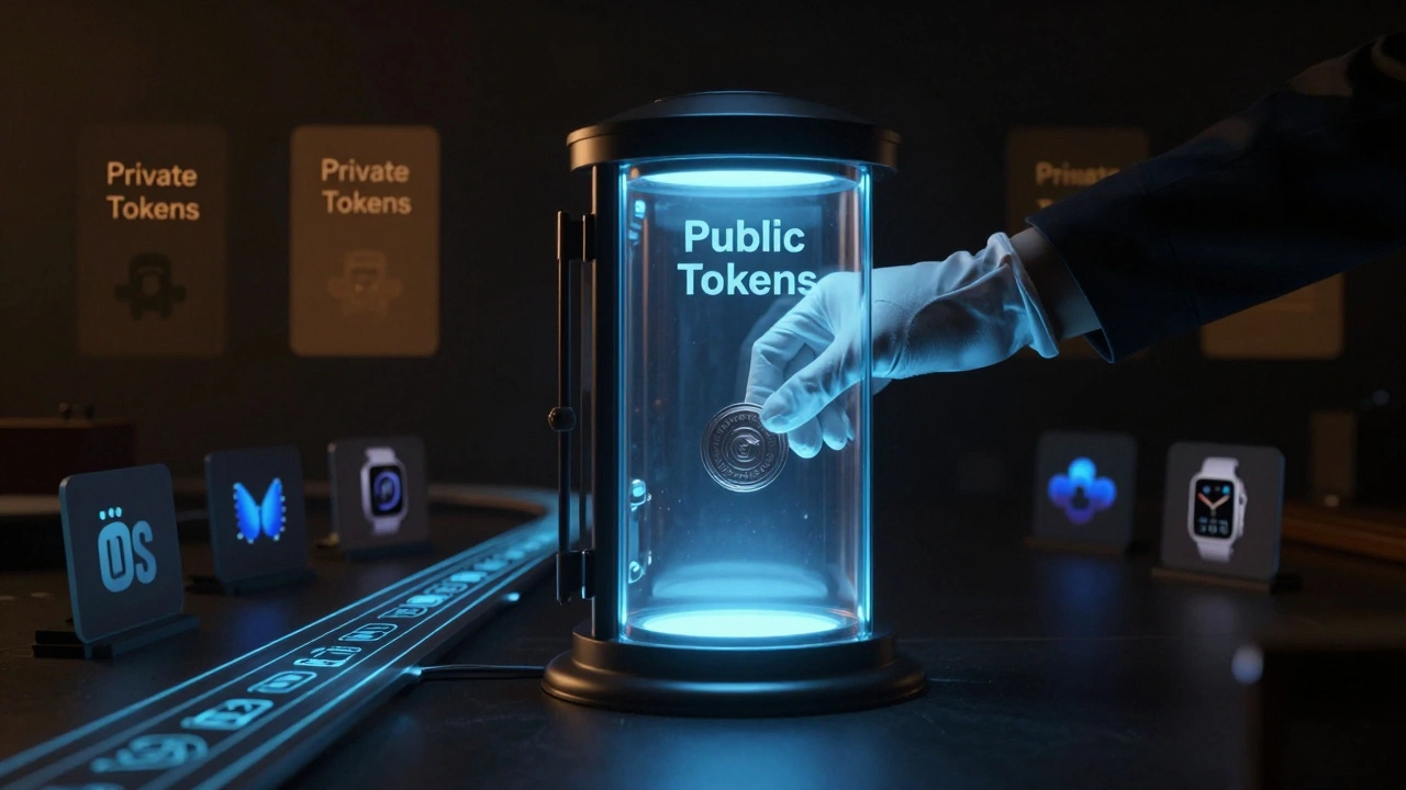 A glowing vault of public tokens with isolated private tokens nearby, connected to multiple Apple platforms.