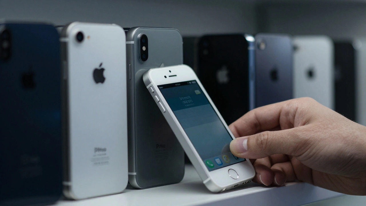 A hand removing a dull iPhone 5C while premium Apple devices shine in the background.