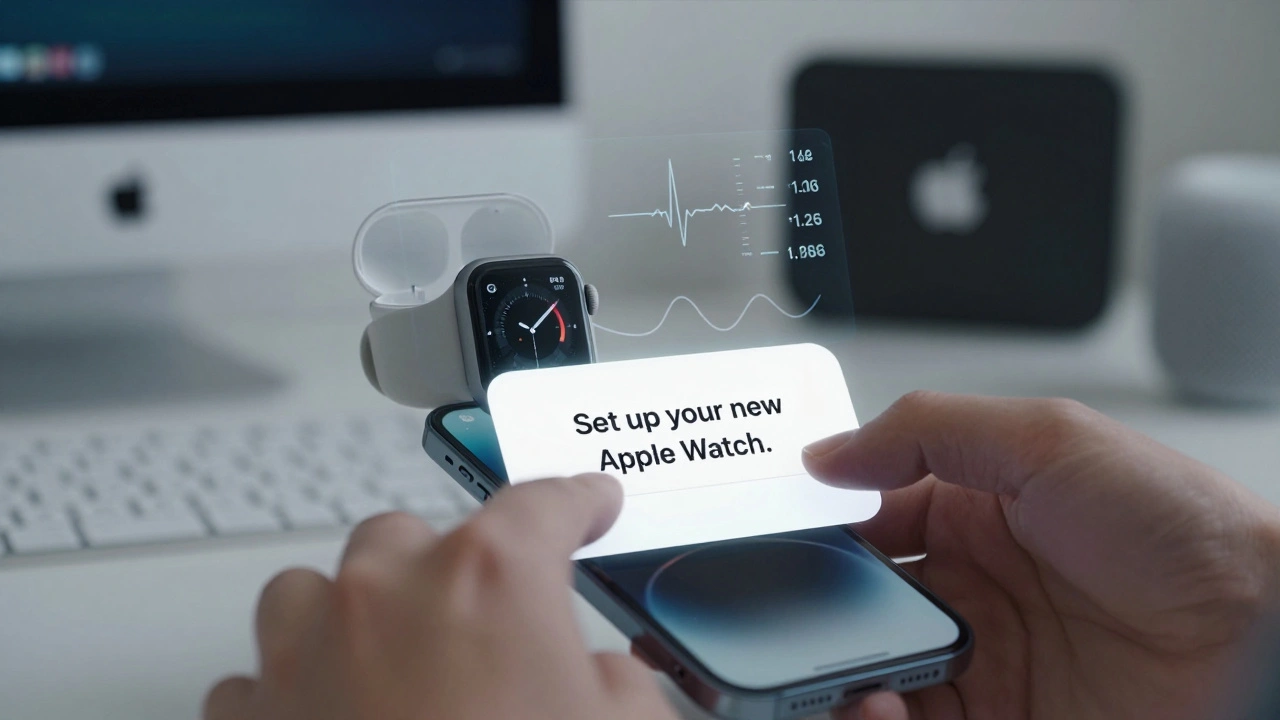A hand tapping an iPhone screen showing a smooth Apple Watch setup animation, with faint fitness data floating nearby.