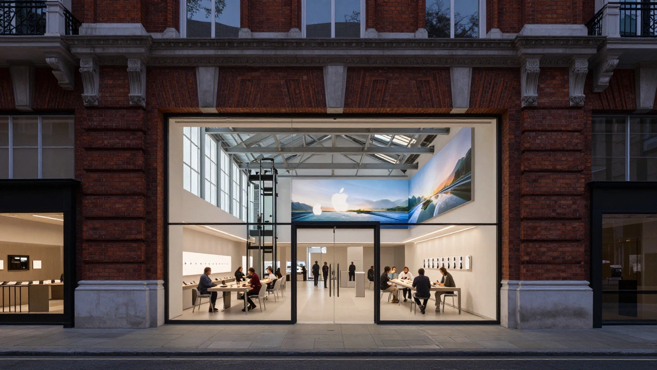 A historic London building with a modern Apple Store entrance, glowing softly at dusk, featuring glass walls and an ascending elevator.