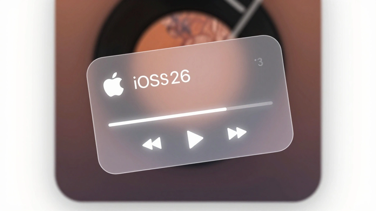 A notification card lifting above blurred album art, with faint glowing controls and soft depth in Apple Music's interface.