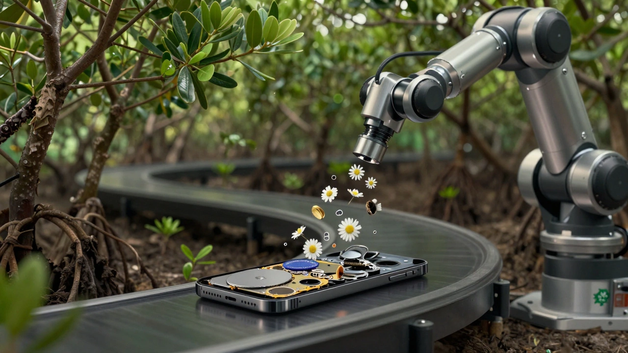 A robot disassembling an iPhone as recycled materials transform into a mangrove forest, representing carbon removal.