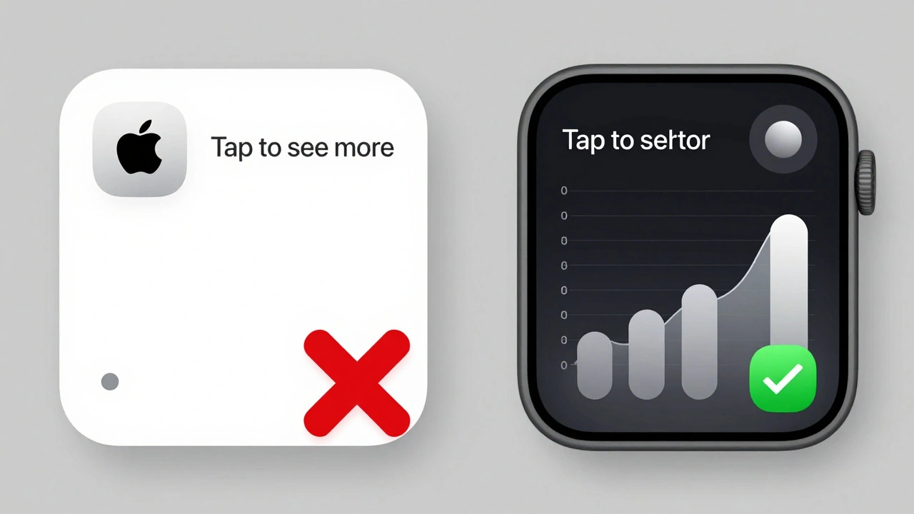A side-by-side comparison: a cluttered, non-compliant widget versus a harmonious Apple-designed widget with proper rendering and placeholders.