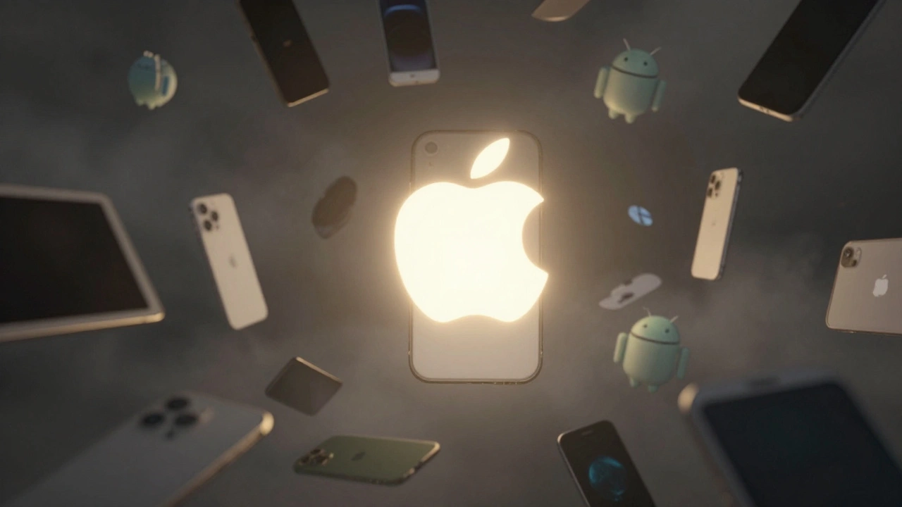 A single glowing iPhone at the center of a chaotic storm of blurred competing electronics.