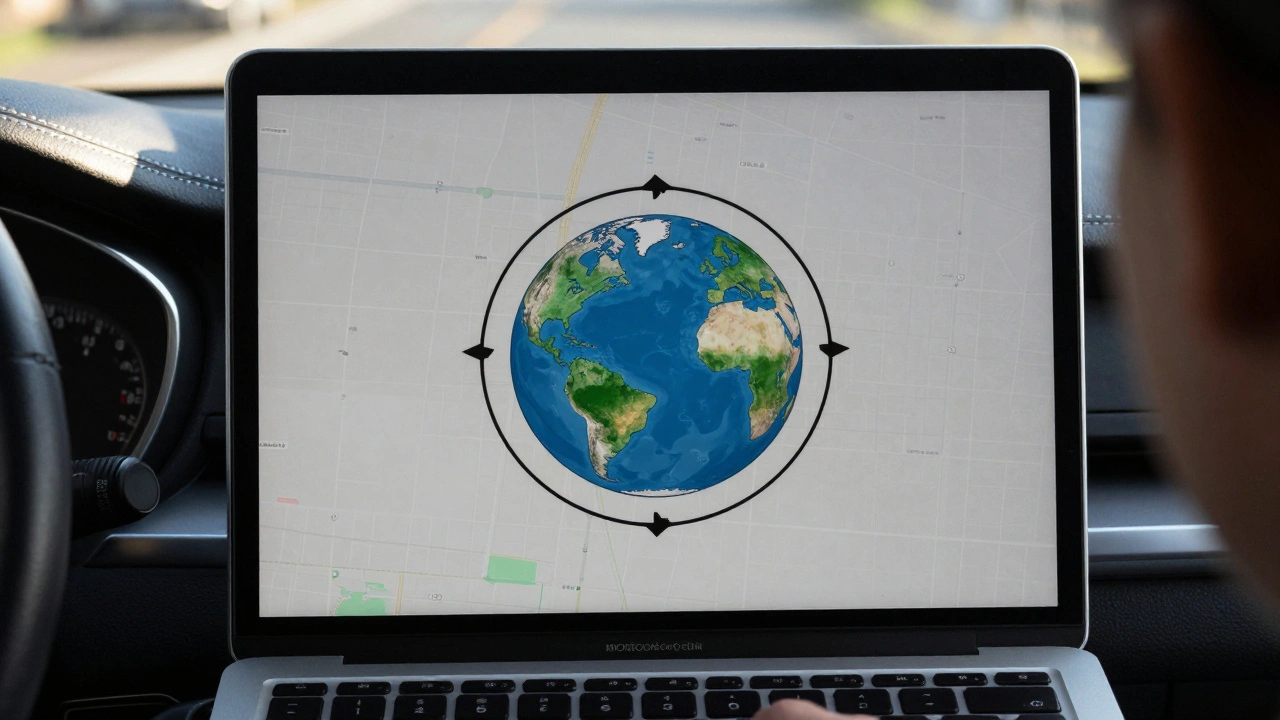A user on a moving car with a MacBook displaying a static map instead of a spinning globe animation due to Reduced Motion.
