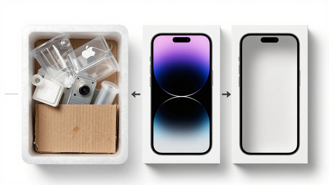 A visual comparison showing cluttered, plastic-heavy packaging versus Apple’s sleek, sustainable, minimalist box design.