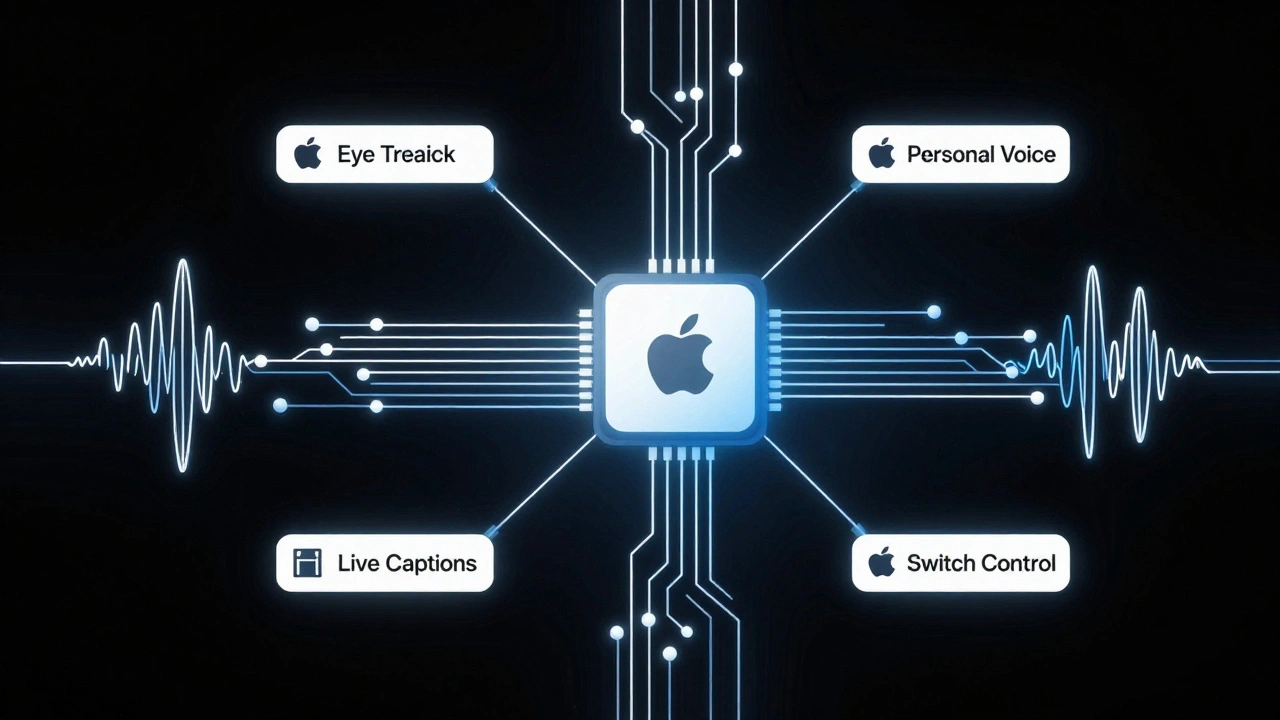 Abstract visualization of Apple's unified accessibility technology powered by a central chip.