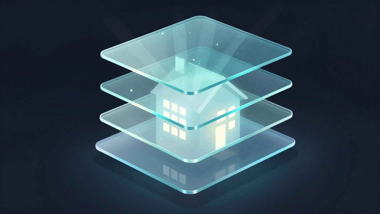 An app icon broken into four translucent glass layers floating in space, each reacting uniquely to light with realistic reflections and depth.