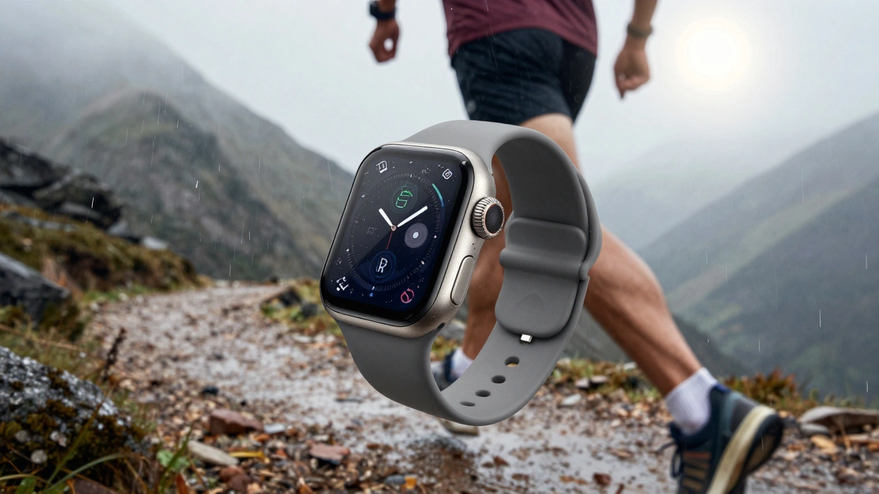 An athlete wearing an Apple Watch Ultra on a rugged trail, screen glowing in bright sunlight with water droplets on the glass.