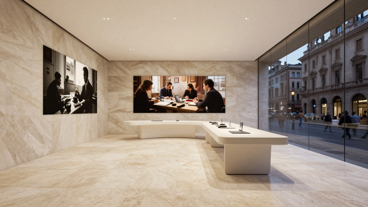 An elegant Roman palazzo interior with travertine floors and glowing video walls, reflecting the rhythm of the city at night.