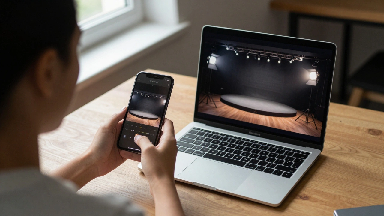 An iPhone camera feed displayed on a Mac screen during a video call, with lighting effects visible.