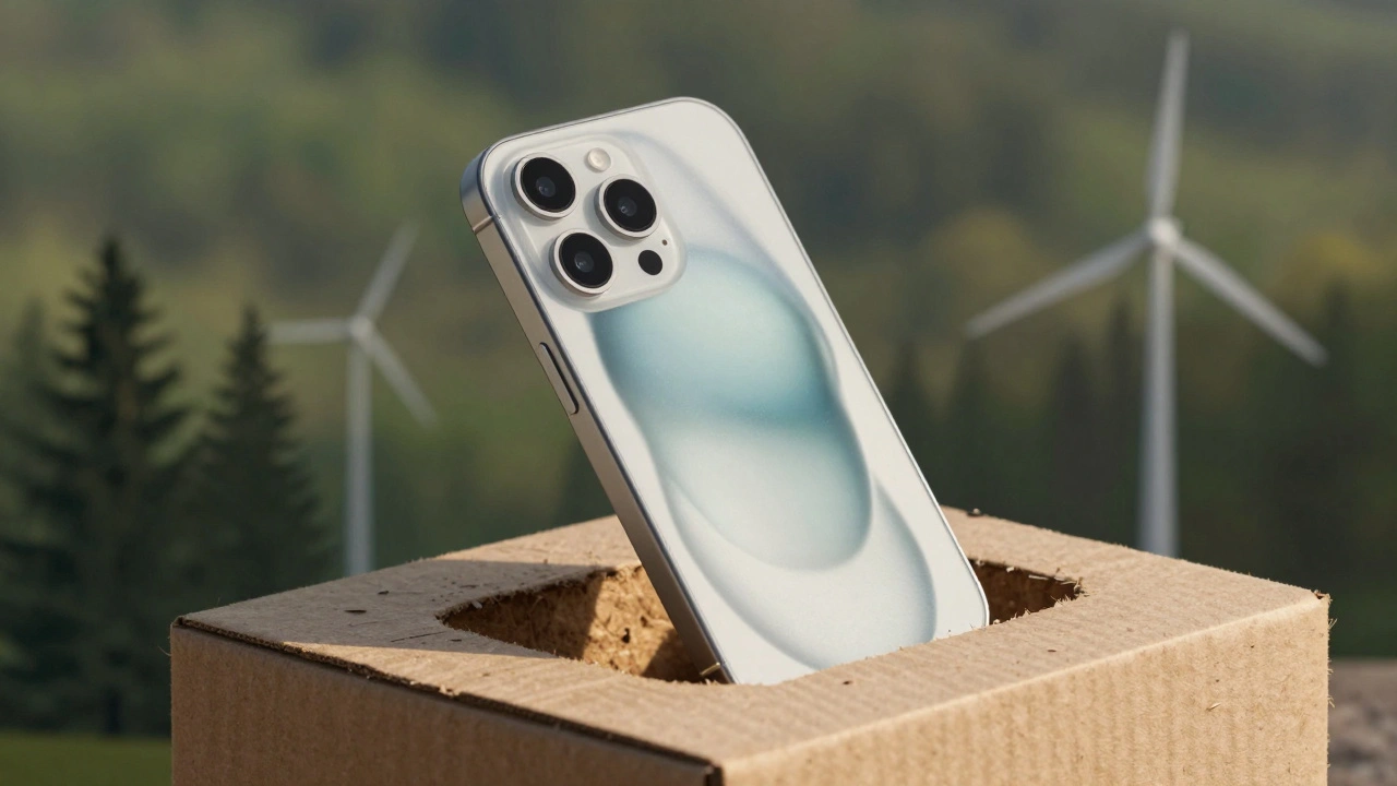 An iPhone lifted from compostable fiber packaging, with faint environmental elements like forests and wind turbines in the background.