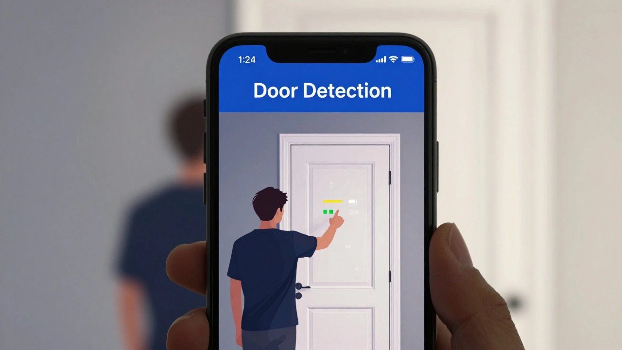 An iPhone screen displaying Door Detection AR overlay highlighting a door ahead with color and openness status.