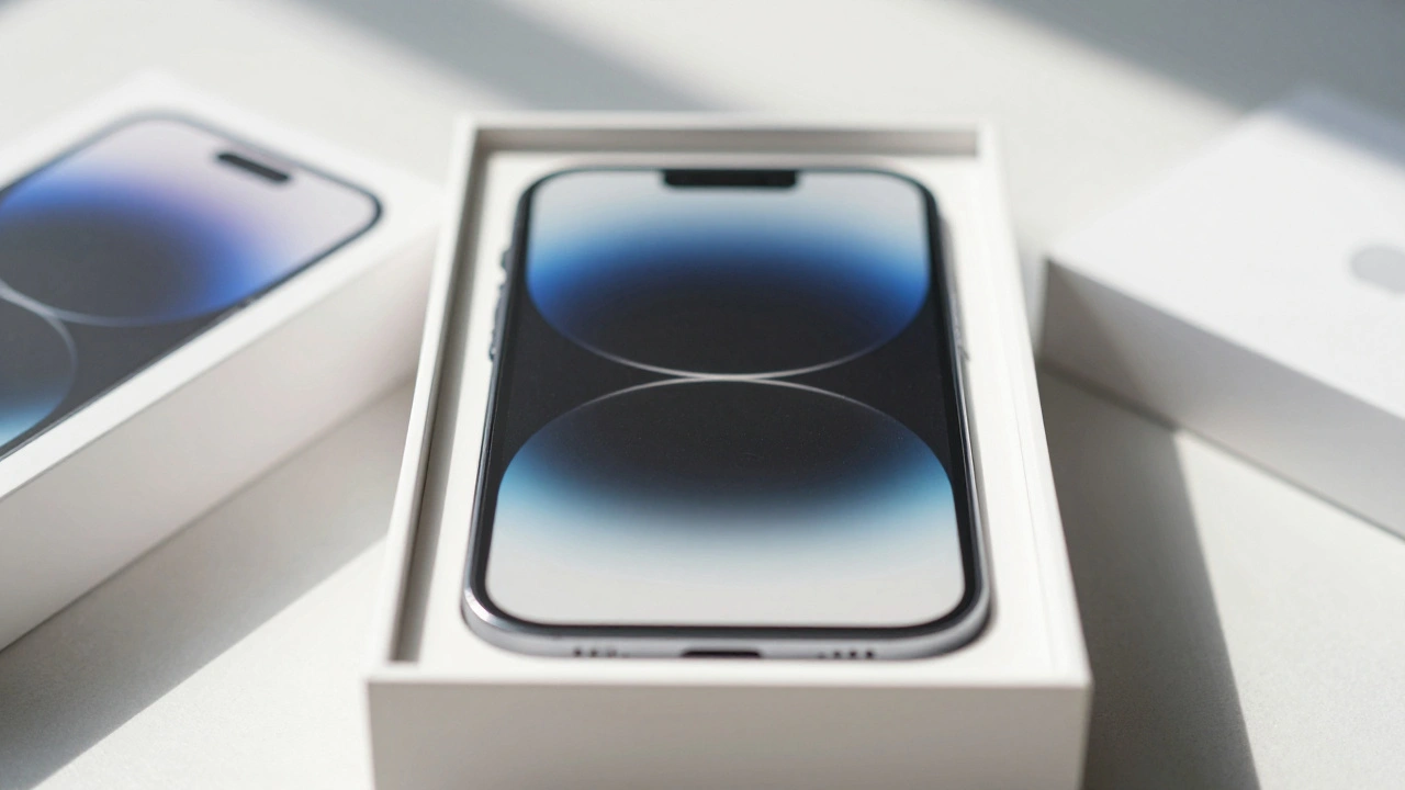 An iPhone sits centered in a recycled pulp tray inside a minimalist white box, lid lifted just enough to reveal the product.
