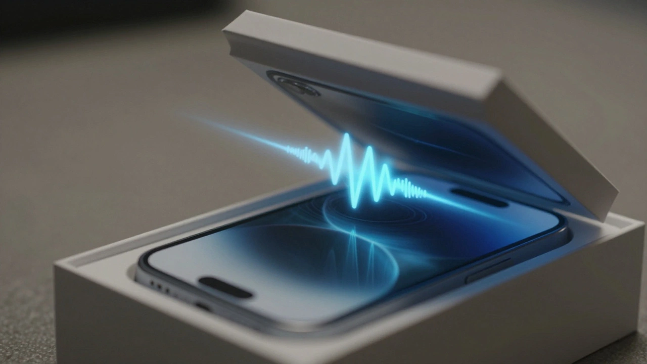 An open Apple box with phone inside, glowing soundwave ripple emanating from the lid.