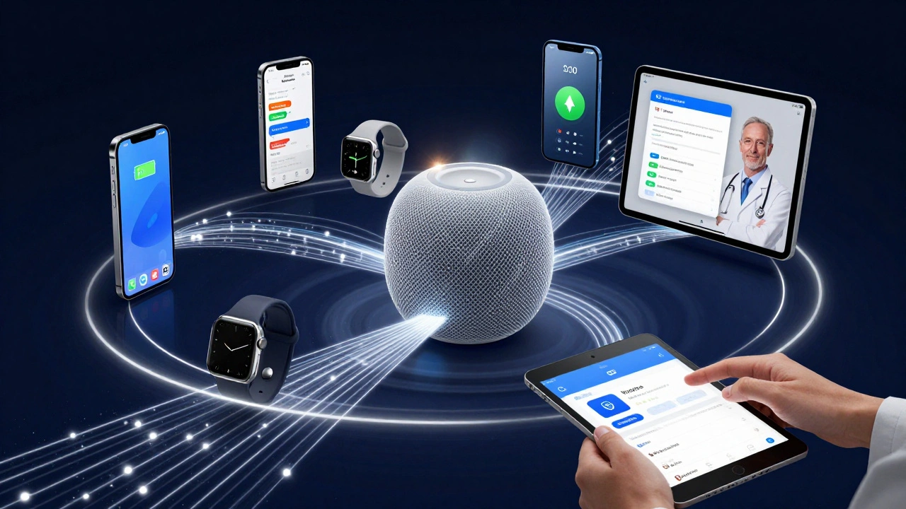 Apple devices connected by glowing data streams showing seamless ecosystem integration, health tracking, and battery efficiency.