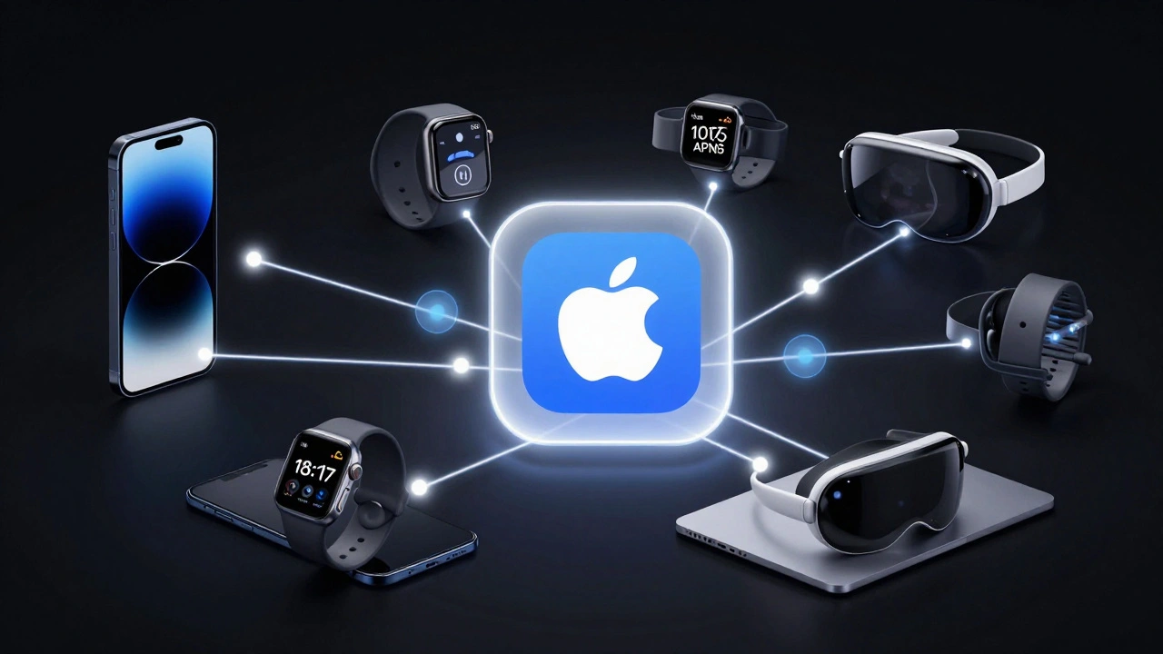 Apple devices connected by light, with a third-party app icon blending into ecosystem features like Face ID and iCloud.